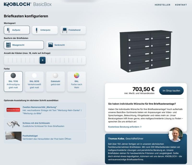 The BasicBox configurator shows appearance and final price in real time. (© Max Knobloch Nachf. GmbH)