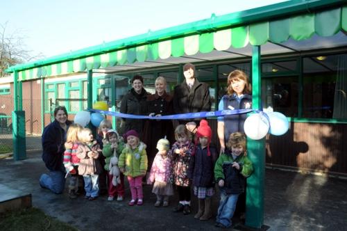Wendover Pre-school enjoy the benefits of their new colourful canopy that was supplied and installed by Able Canopies