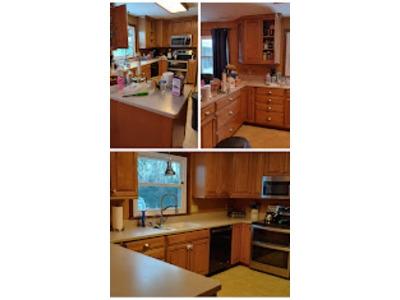 This collage showcases a cozy kitchen with warm wooden cabinets, stainless steel appliances, and a clean, spacious countertop layout.