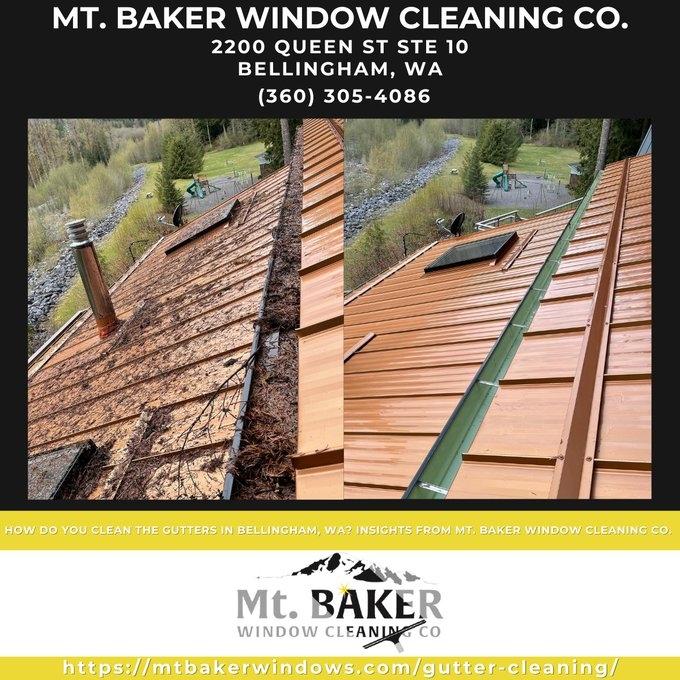 Gutter Cleaning in Bellingham, WA - Mt. Baker Window Cleaning Co. This image showcases a before-and-after comparison of a gutter cleaning service performed by Mt. Baker Window Cleaning Co. in Bellingham, WA. The left side displays a metal roof with clogge