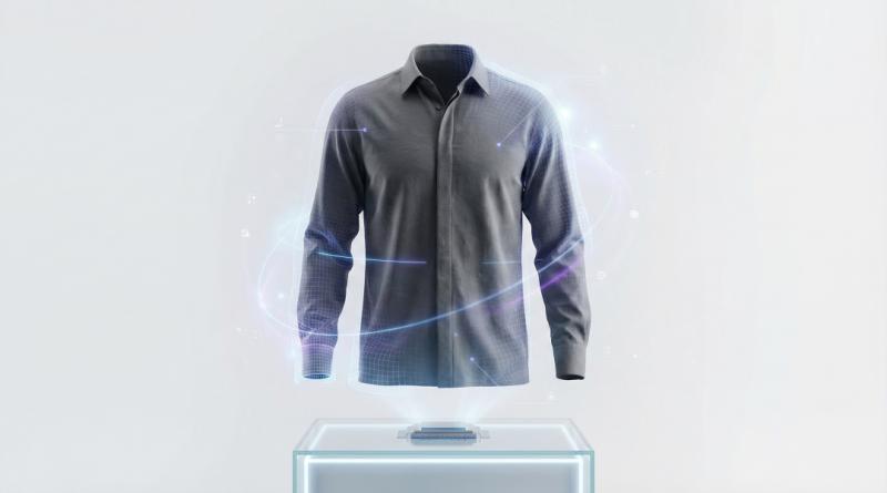 AI-powered ghost mannequin technology helping fashion ecommerce brands create professional product images without traditional mannequins or studio editing. The illustration shows a floating garment in a clean studio environment with subtle AI interface el