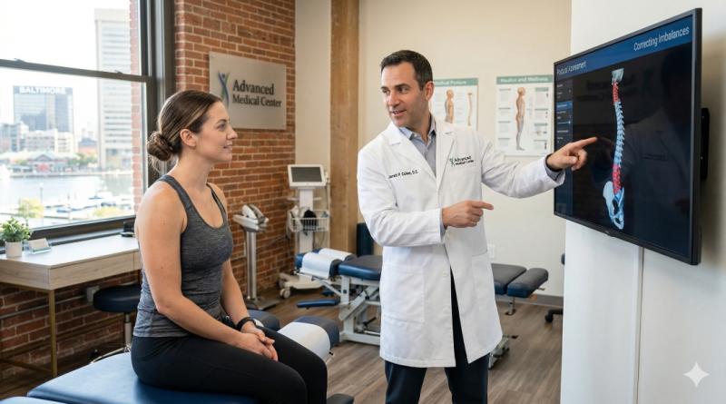 A medical professional at Advanced Medical Center in Baltimore, MD reviews a digital spinal analysis on a large monitor with a patient.
