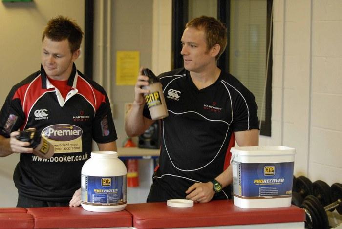 Hartpury College uses CNP Supplements. Left Matt Allanson, player, with Owen Slattery, Strength and Conditioning Coach