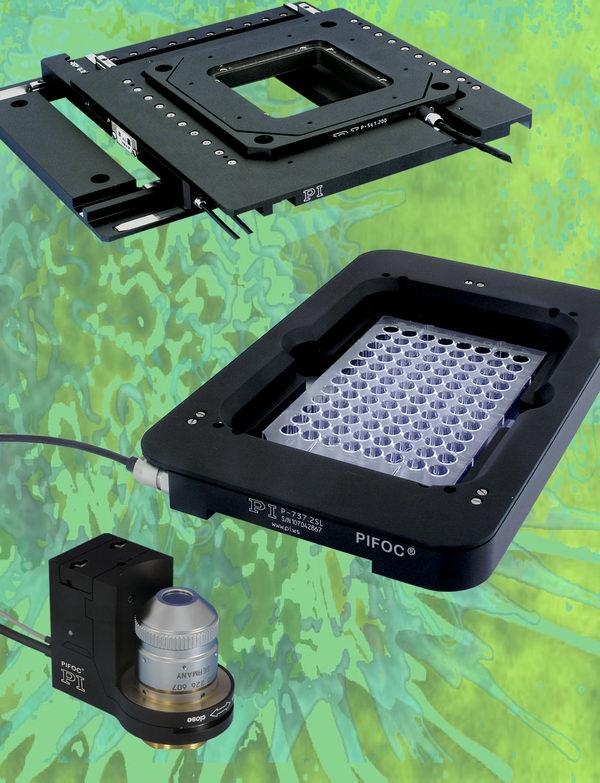 P-737 PIFOC® Piezo-Z-Focussing Stage with well plate, PIFOC® microscope lens Z-motor and a fast XY microscopy stage with piezo motor drives