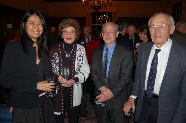 Diana Dou, a Caltech student, speaks with Katharine Schlinger, Professor Mark Davis, and Warren Schlinger, a Alumnus whose donation to Caltech will create the Katharine & Warren Schlinger Laboratory for Chemistry & Chemical Engineering.