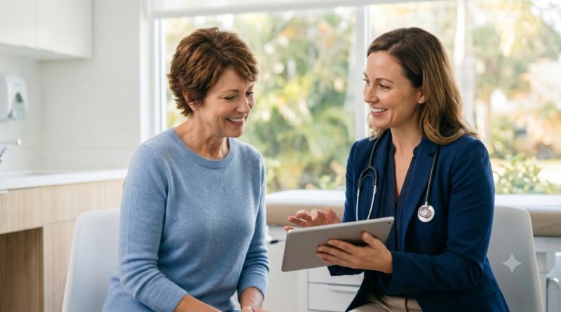 One of the dedicated menopause specialists at AgeRejuvenation uses a digital tablet to discuss personalized menopause treatments in Tampa, FL, aimed at providing relief for severe menopause symptoms and achieving midlife health optimization.
