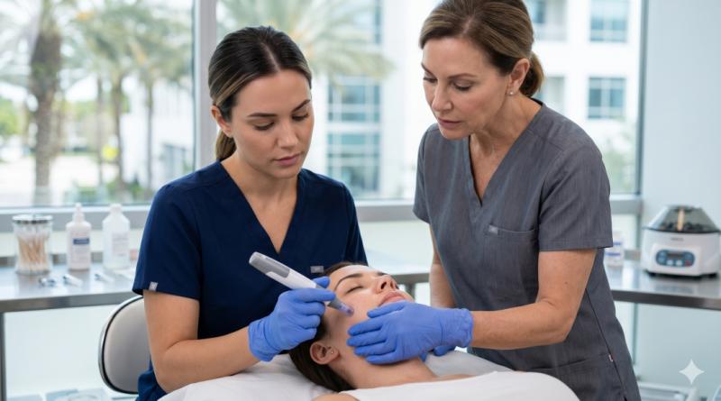An expert instructor provides table-side guidance during the intensive hands-on aesthetics training in Clearwater, FL, at My Injection Training, helping a healthcare provider master precise microneedling and facial rejuvenation protocols on a live model.