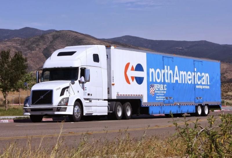A Republic Moving & Storage North American Van Lines moving truck traveling through Southern California, showcasing professional long-distance moving and relocation services in San Diego, CA.