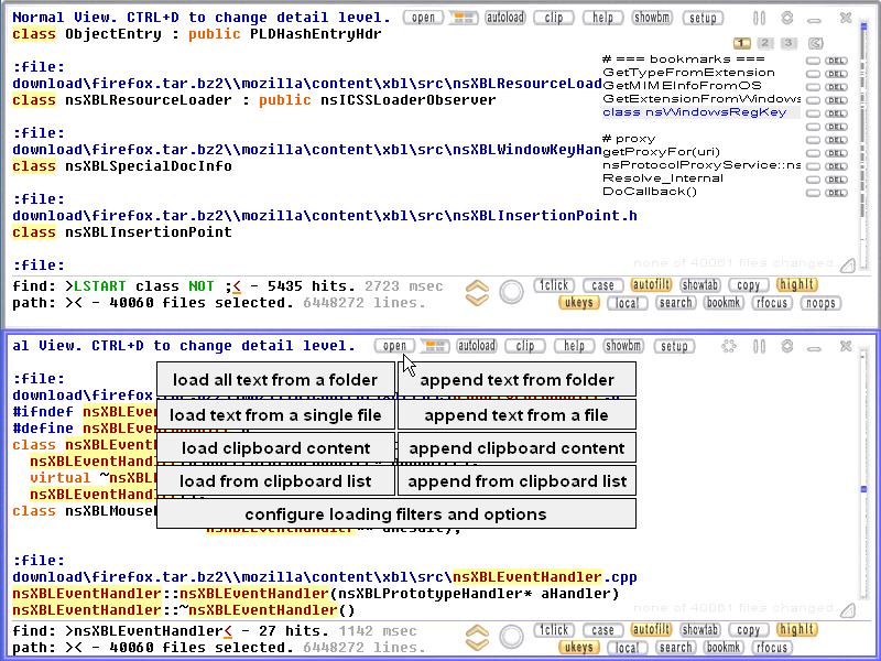 Example: researching 40000 source files from a .tar.bz2 archive, with two views (windows) onto the same content.
