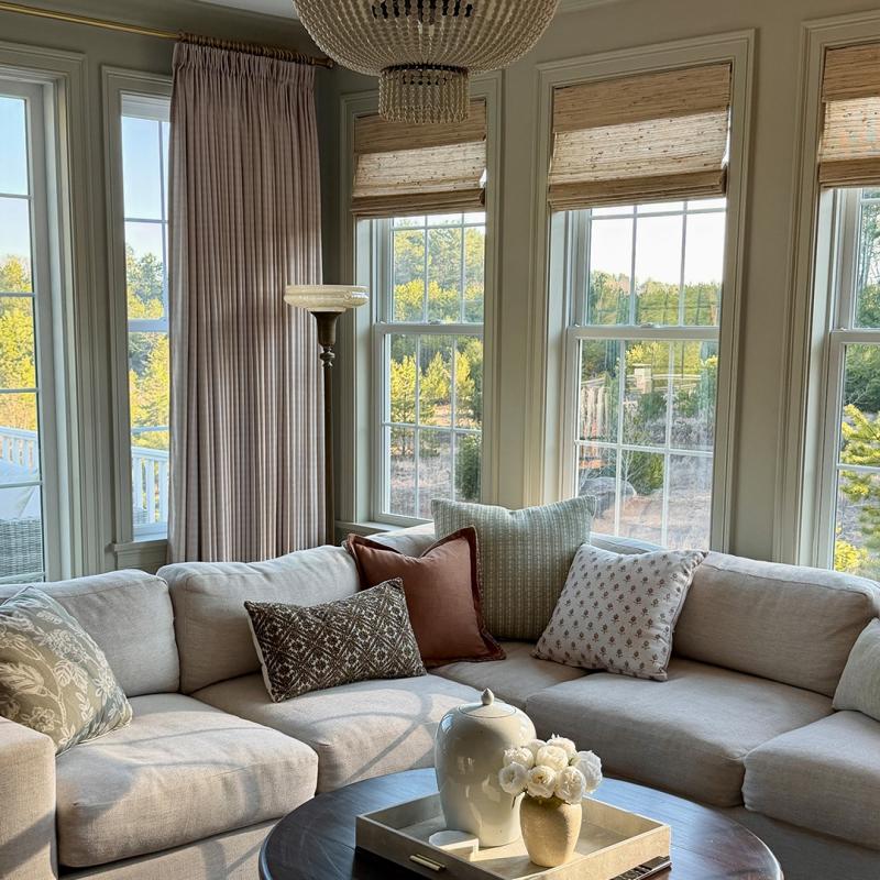 Floor-length custom linen curtains hanging in a well-lit living room interior, styled for a home decor setting showcasing window treatment and drapery.