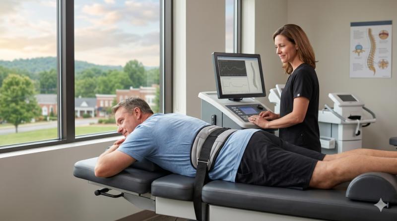 A clinician at Balance Wellspace Integrative Medicine administers non-surgical spinal decompression in Lincolnton, NC, using advanced computerized technology to provide effective back pain treatment for a local patient.