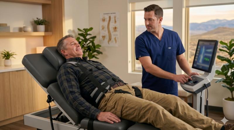 A healthcare specialist at Accelerated Medical manages a computer-guided decompression session for a patient, highlighting the practice's advanced approach to back pain treatment in Elko, NV.