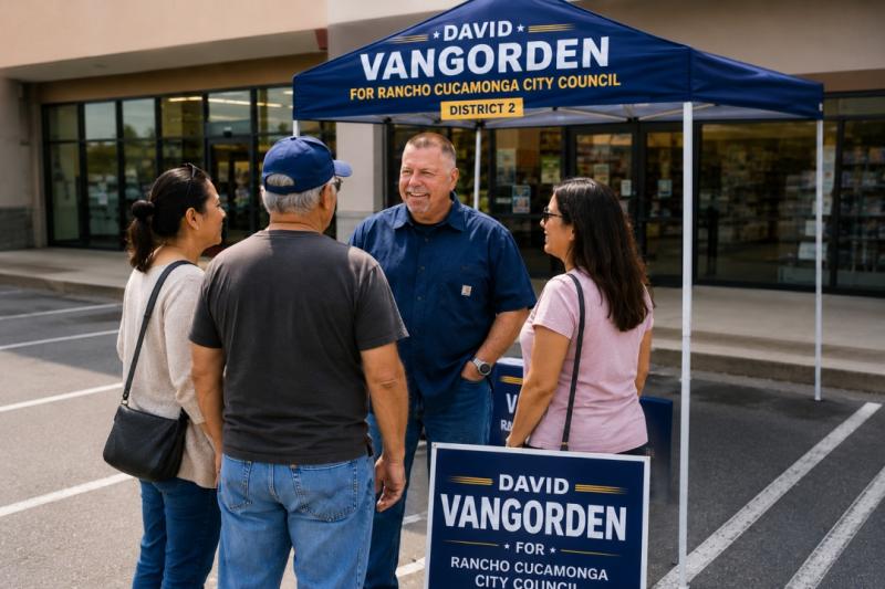 David VanGorden in the community discussing issues with residents. He is running for Rancho Cucamonga City Council District 2 against incumbent Kristine Scott and candidate DeJonae Shaw.
