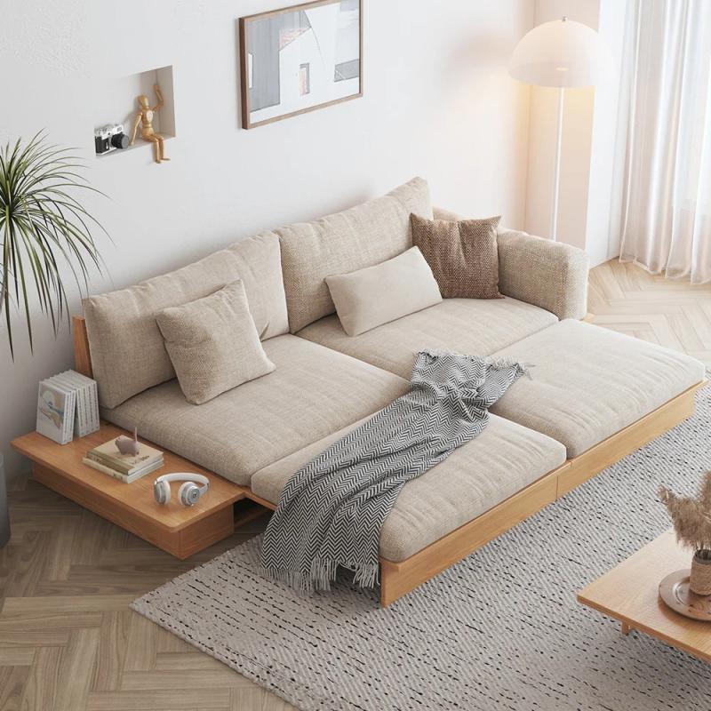 JASIWAY Brings Modern Solid Wood Upholstered Cotton Linen Sofa Beige Folding Sofa Bed