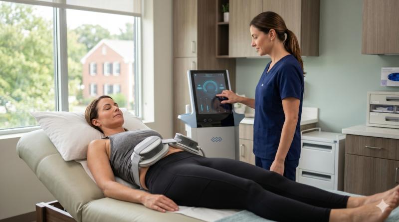A patient receives an advanced body contouring treatment as part of the specialized non-invasive body sculpting in Sudbury, MA, at Restore Wellness Center.