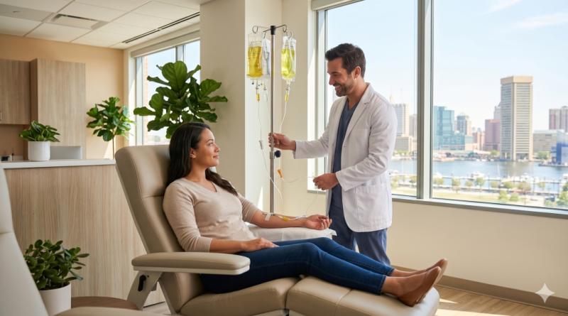 A practitioner at Ideal Wellness administers customized IV nutritional therapy in Baltimore, MD, helping a patient achieve her long-term recovery goals in a modern clinical setting overlooking the city harbor.