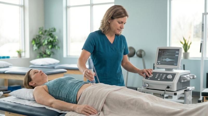 A clinical specialist at Nurtiva Pelvic Therapy administers non-invasive extracorporeal shockwave therapy to a patient's lower abdominal region, providing advanced shockwave therapy for pelvic pain in Dubuque, IA, to optimize shockwave therapy for pelvic