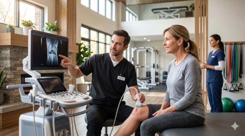 A healthcare provider at the Integra Health Chiropractic Rehabilitation Wellness clinic uses advanced diagnostic imaging to assess a patient for non-surgical knee pain treatment in Hawthorne, NY, establishing a precise foundation for targeted PRP therapy