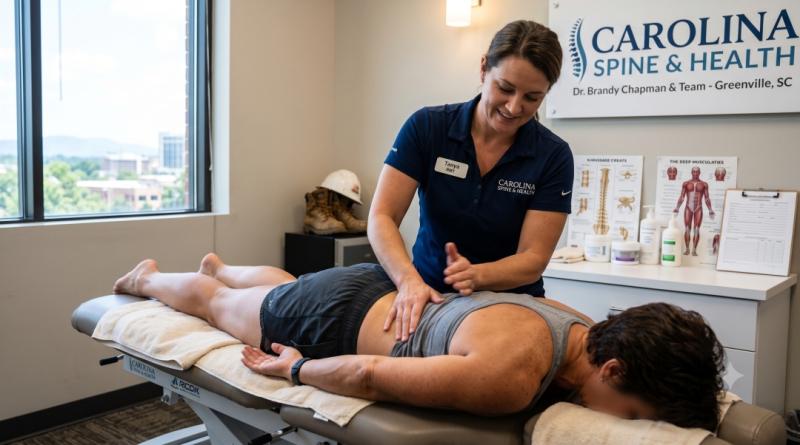 A therapist at Carolina Spine & Health applies massage therapy in Greenville, SC, to a patient on a treatment table, focusing on the lower back for back pain and lumbar stabilization.