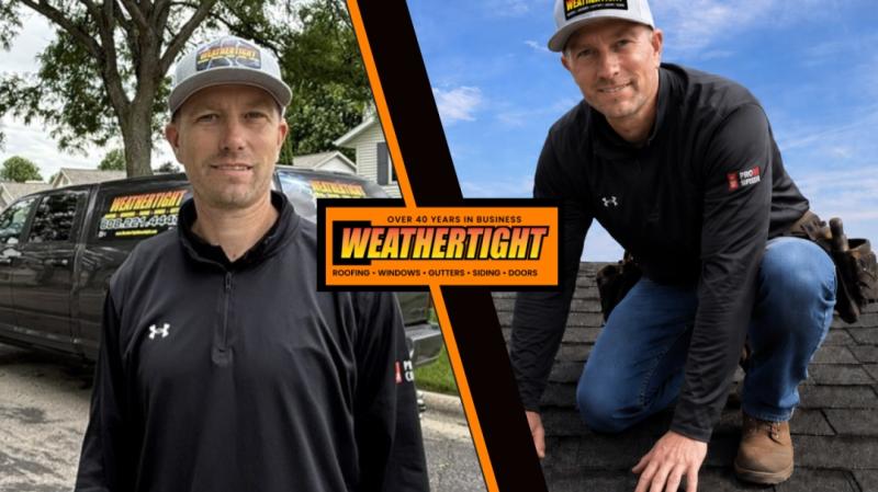 Weathertight Roofing owner Kris standing beside a company vehicle and inspecting a residential roof in Madison, WI.
