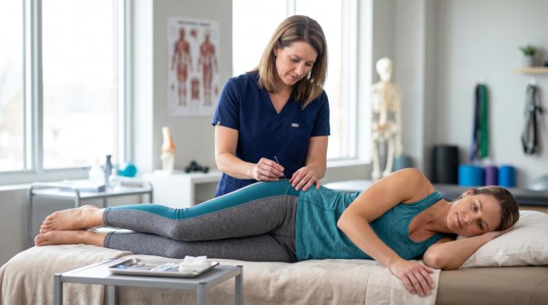 A specialist at Nurtiva Pelvic Therapy performs clinical trigger point dry needling on a patient's pelvic and hip region, providing advanced dry needling for chronic pelvic pain in Dubuque, IA, to deliver effective, non-surgical pelvic floor dysfunction