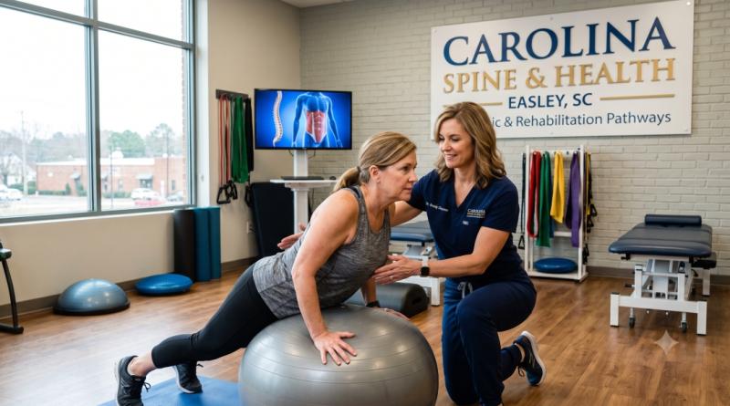 A practitioner at Carolina Spine & Health guides a patient using an exercise ball during a rehabilitation session for low back pain treatment in Easley, SC.