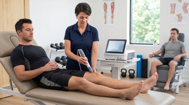 A specialist at ProWellness Family Chiropractic applies advanced acoustic wave technology to a patient's knee to accelerate injury recovery with shockwave therapy in Lincolnton, NC.
