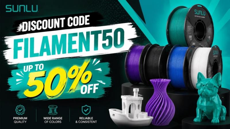 Sunlu Discount Code FILAMENT50 offers up to 50% savings on a wide range of 3D printing supplies.