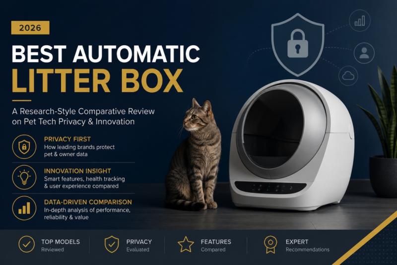 Graphic for "Best Automatic Litter Box Privacy Report" featuring a tabby cat inside a white smart litter box next to a smartphone app display. Icons and text highlight data privacy, secure connectivity, camera control, and smart home security.