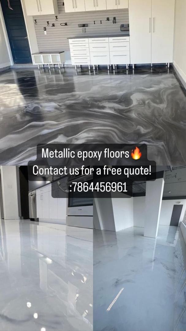 A polished, marble-look epoxy floor installed in a luxury Miami kitchen with light reflecting from pendant lamps overhead.