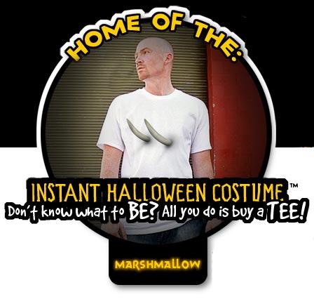 The "Marshmallow" Instant Halloween Costume. One of over 20 creative Halloween costumes offered. A large selection of Halloween t-shirts is also available.