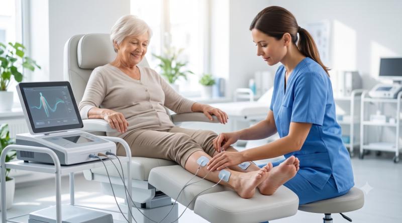 A healthcare specialist at ProWellness Family Chiropractic uses advanced non-invasive nerve therapy on a patient's lower legs to promote long-term neuropathy relief in Lincolnton, NC.