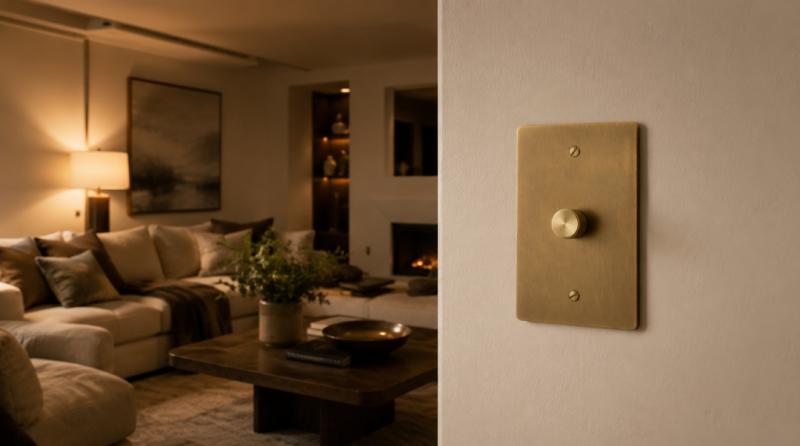 Image of a modern living room with a 250W dimmer made of solid brass installed on the wall.