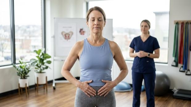 A physical therapist at Nurtiva Pelvic Therapy guides a patient through pelvic muscle retraining during a session for specialized urinary urgency therapy in Dubuque, IA, providing effective non-invasive bladder control options.