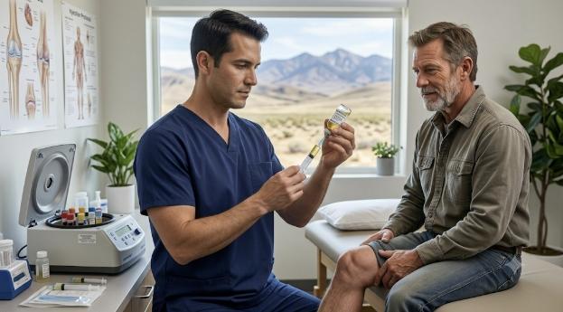 A healthcare provider at Accelerated Medical prepares an advanced A2M protein solution for a patient, highlighting the practice's non-surgical joint pain treatment in Elko, NV.