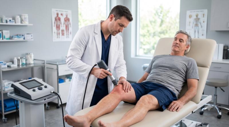 A specialist at Regenerative Medicine of Raynham administers non-invasive acoustic sound waves to a patient's joint as part of an effective shockwave therapy for knee pain in Raynham, MA.
