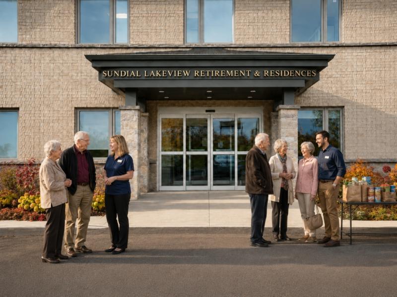 Residents and team members gather outside Sundial Lakeview Retirement & Residences in Orillia, demonstrating the importance of friendship, community involvement and social connection in retirement living.
