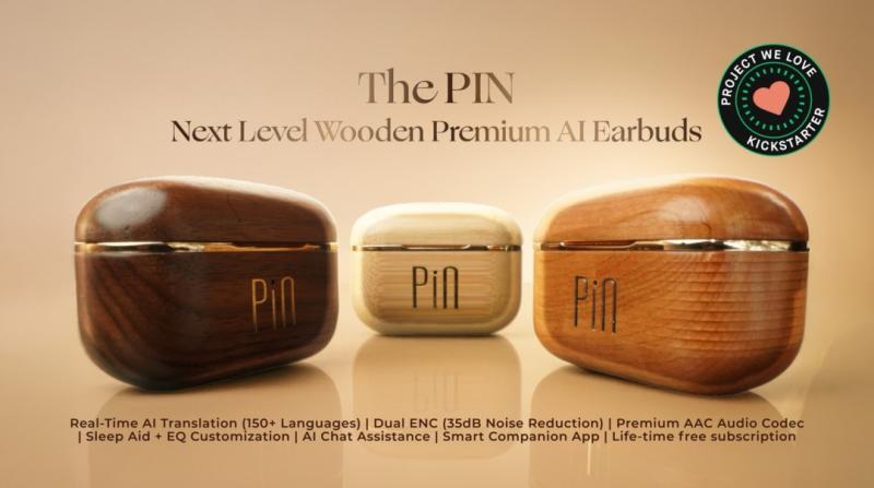 The PIN Debuts on Kickstarter as the World's First Handcrafted Wooden Earbuds with Built-In AI