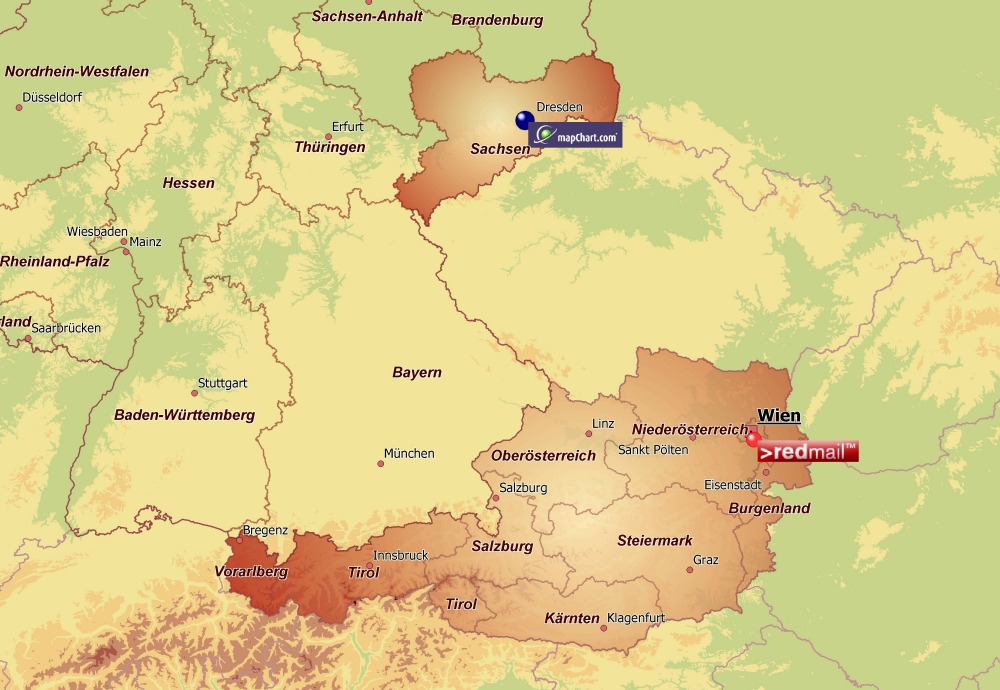 Locations of MapChart and Redmail on a MapChart.com map