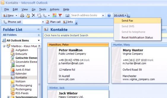 Fax-comfort for Outlook users: The IXI-UMS Client Tools e.g. allow the direct selection of Outlook Contacts for fax- or SMS-addressing