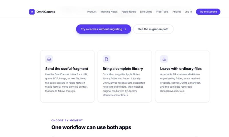 The OmniCanvas Apple Notes companion page. OmniCanvas imports an Apple Notes library, Evernote .enex files, and JSON Canvas, and exports a portable ZIP of Markdown, original files, canvas JSON and a manifest.