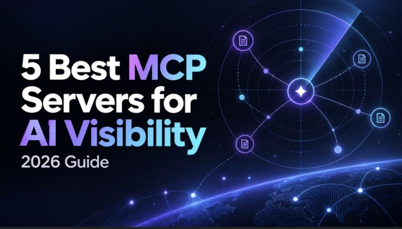 A dark blue technology banner for the five best MCP servers for AI visibility article, featuring purple and cyan radar graphics, connected data points.