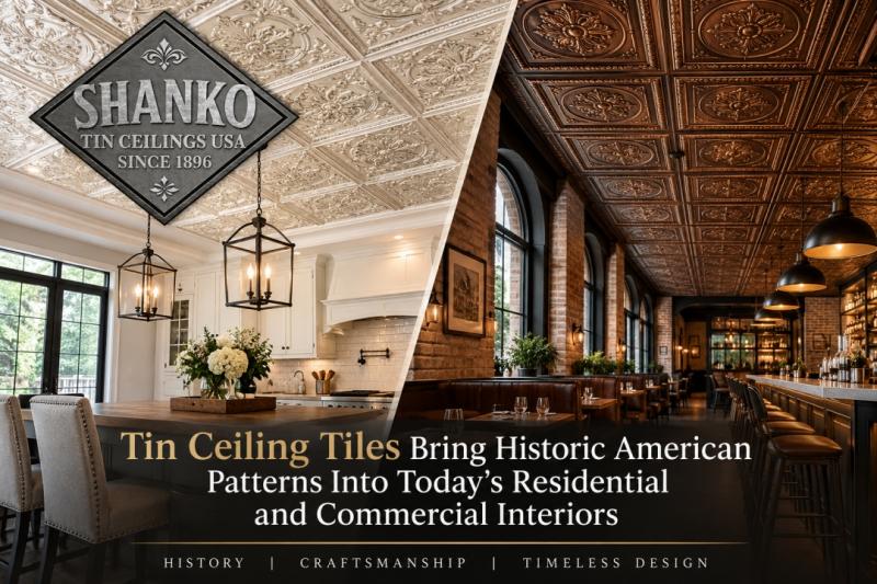 This graphic showcases the timeless versatility of Shanko tin ceiling tiles by featuring two distinct applications: a bright, elegant residential kitchen with classic light-colored decorative tin ceiling tiles and a sophisticated commercial restaurant wit