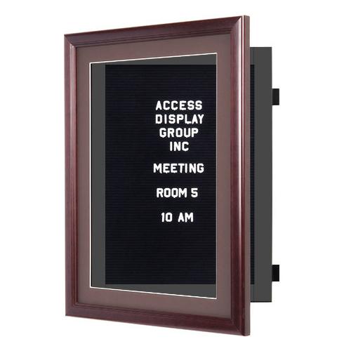 Enclosed letter board with swing-open frame and mahogany finish.