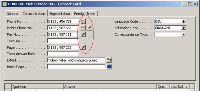 Via IXI-UMS NAV Connect, messages can be sent by fax or SMS directly out of the Dynamics NAV Contact Card