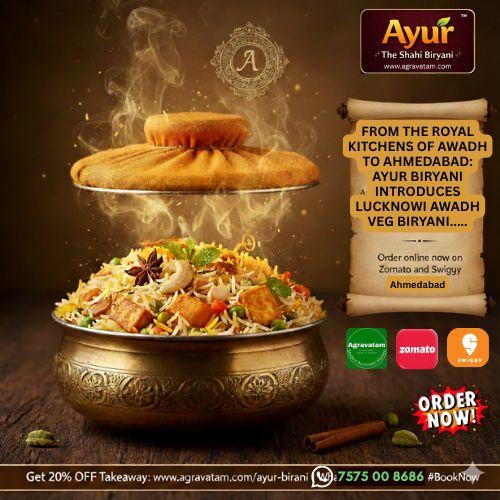 Taste royalty with Ayur Biryani's Lucknowi Awadh Veg Biryani. Ayurveda-inspired & Dum-cooked. 20% OFF Takeaway: 7575008686. Order