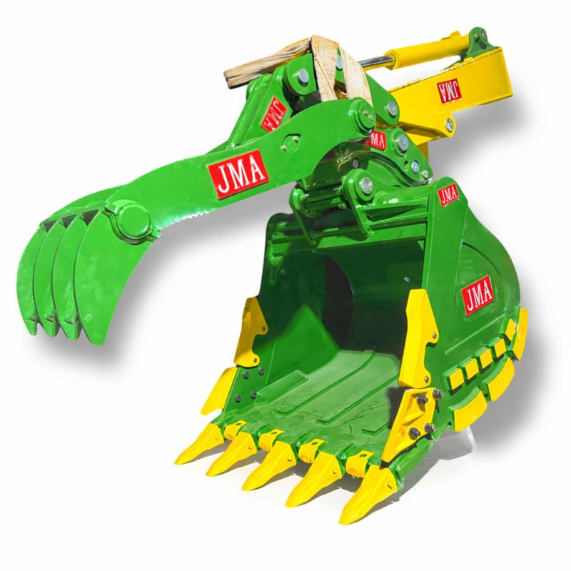 JM Attachments heavy-duty excavator attachment showcased for construction and demolition applications.