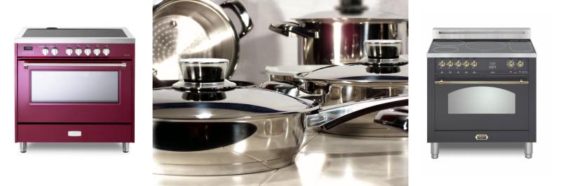 Left: Verona Appliances 36" Designer Induction Range in Burgundy with Stainless Steel knobs. Center: Nutri-Stahl Cookware. Right: