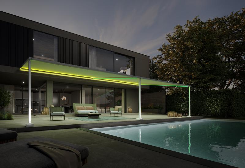The "pergola style" from markilux combines graceful design with playful lighting effects.
