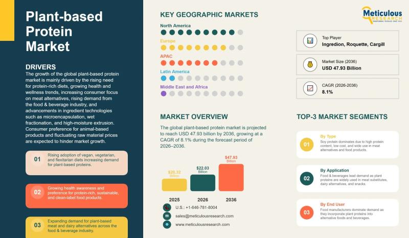 Global plant-based protein market projected to hit $47.93B by 2036, growing at 8.1% CAGR.